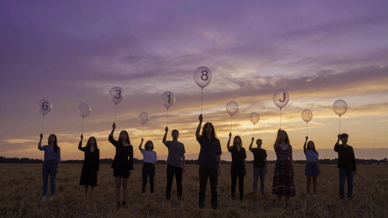 A group of people in a field at dusk, each with a transparent balloon displaying a fading or glowing number.