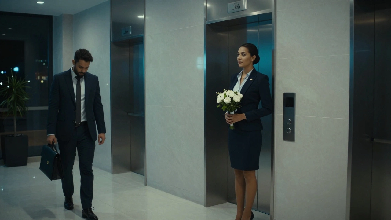 A professional escort waits calmly in a Dubai lobby, welcoming a tired client.