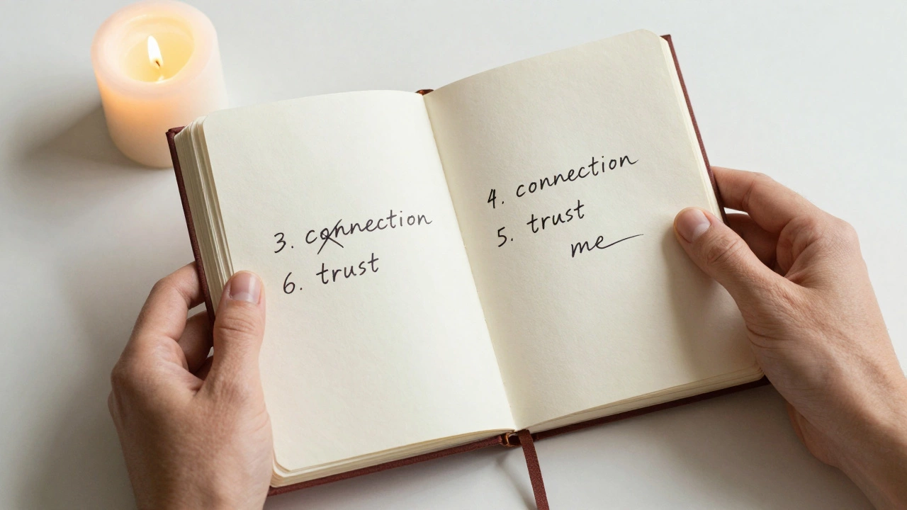Two hands holding an open journal with crossed-out numbers and handwritten words like &#039;connection&#039; and &#039;trust&#039;.
